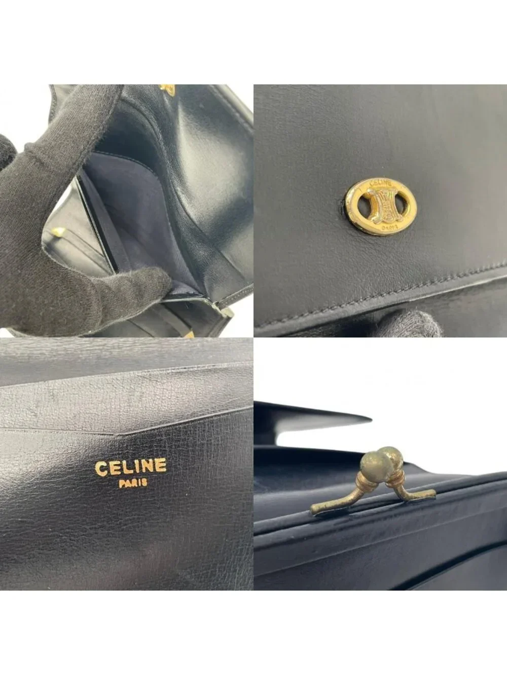 Celine Triomphe Macadam Vintage Fold Wallet Mini Leather Black Gold Classic